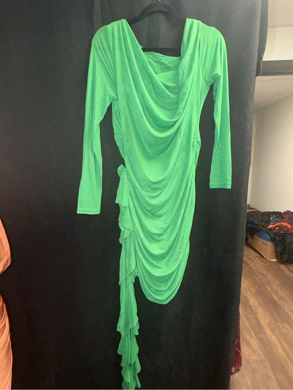 Fashion Nova Neon Green Draped Long-Sleeve Asymmetric Dress, runs small
